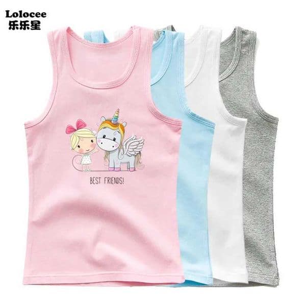 Childrens Girl Cute Single Summer Baby Girl Cotton Top Preschool Clothing Sleeveless cartoon T-shirt W240809
