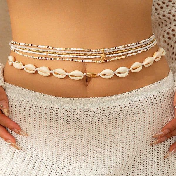 2024 Trend Shell Sea Star Multi layer Rice Bead Chain Acrylic Waist Chain Summer Beach Body Chain W240809