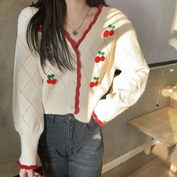 Women's Knits Tees Biyaby Autumn Sweet Cherry Knit Cardigans Women Button Up V Neck Sweaters Woman High Street Patchwork Cardigan Mujer Ins 230224