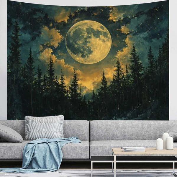 Moon Tapestry psychedelic forest tree Tapestry wall mounted bedroom ceiling aesthetic living room college dormitory hippie decoration W240809