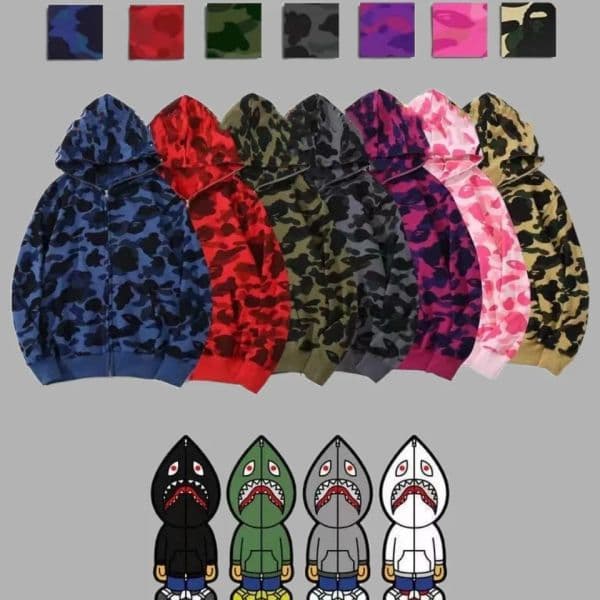 Designer Sharker Mens Hoodie Full Zip Up Hoodies Womens Camouflage Print Jacket Hoody Hooded Sweatshirt Sweater Long Sleeve Tech Fleece Clothing Asian Size S-3XL