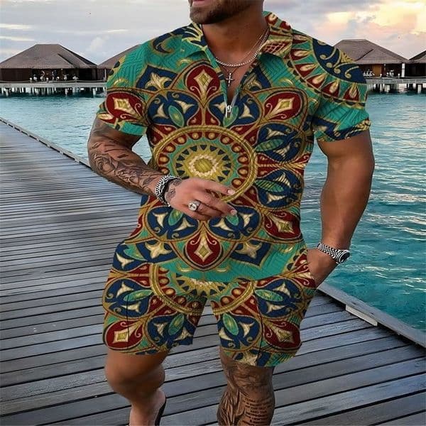 Mens Summer Retro Tracksuit 2 Piece Set 3D Print Polo Shirt Short Sleeve ShirtShort Casual Zipper Collar Unisex Clothing i240810