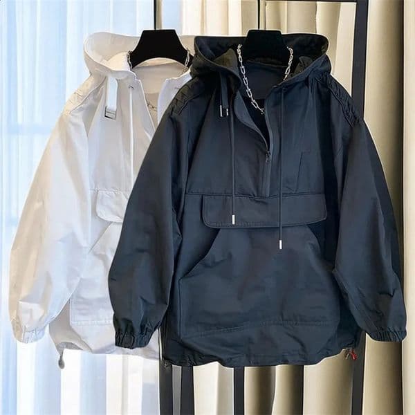 Korean Fashion Couple Wear Mens Jacket Windbreaker Casual Loose Coat Trend Spring and Autumn Hooded Charge Coat 240809