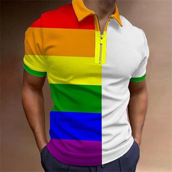 Rainbow Polo Shirt For Men Colorful Print Golf Top Tee Fashion Casual High Quality Zip Polo T-Shirt Loose Oversized Men Clothing 240810