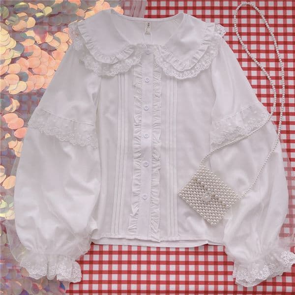Lolita shirt white elegant womens preparatory style cute Peter Pan collar lace ruffled JK girls long sleeved Blusas unprinted good product 240810