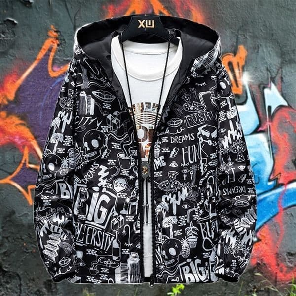 Spring and Autumn Strewear Graffiti Printed Fashion Reversible Jacket Men Thin Hooded Jackets Outdoor Windbreakers Male Clothing 240810