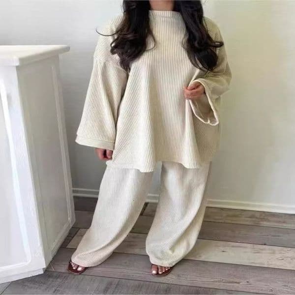 Autumn and Winter Solid Color Corduroy Pants Set for Womens Loose Long Sleeve Wide Leg Trouser Two Piece Clothing 240810