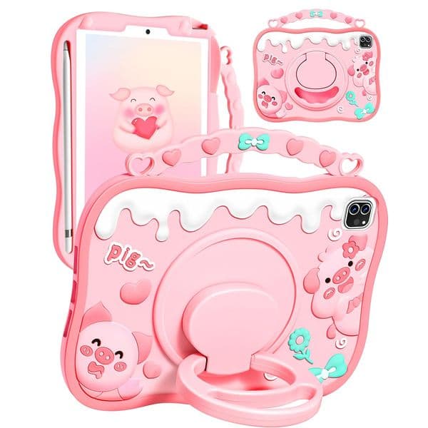 Handheld Tablet Case For iPad 10.2" 7th 8th 9th 10th Gen 10.9" Air 5/4 Mini6 iPad Pro 11 inch Cute Kids Cartoon Silicone Case Rotating Handle Stand Cover with Pencil Holder