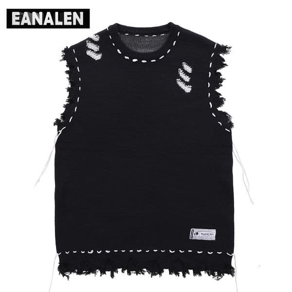 Harajuku Tattered fringed sweet vest womens y2k retro Korean oversized knitted ugly sleeveless mens aesthetic 240809