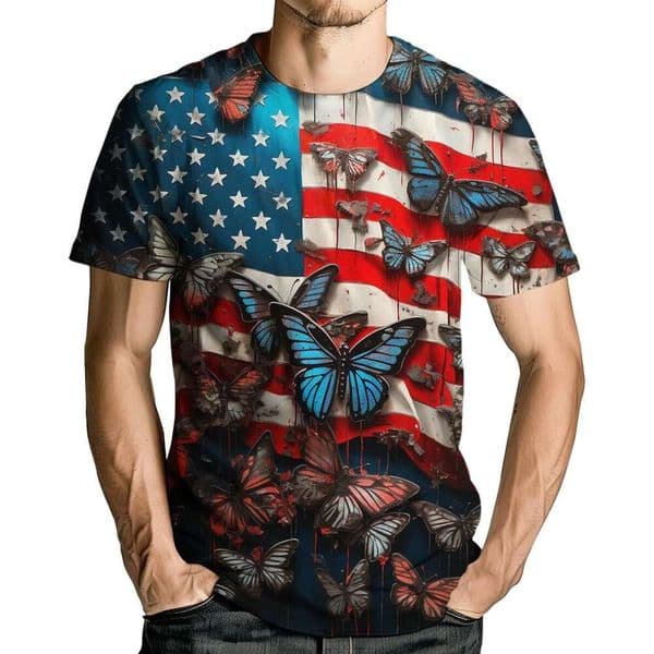Fashion Mens T shirt American T-Shirts for Men Patriotic USA Tee Shirt Butterfly and Flag Printed T-Shirt shirts tshirt graphic tee Casual tops clothes Short
