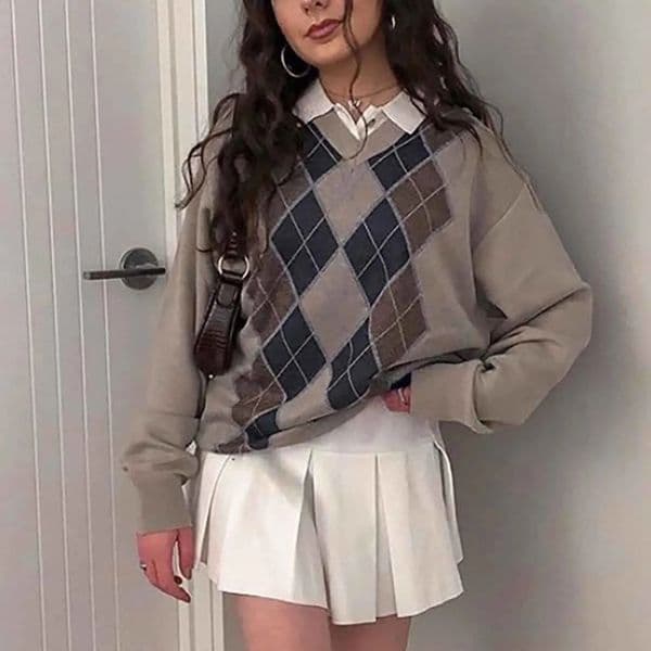 Preppy Style Vintage V Neck Knitted Sweater Women Autumn Winter Casual Argyle Plaid Jumper Female Korean Fashion Pullover Tops 240812
