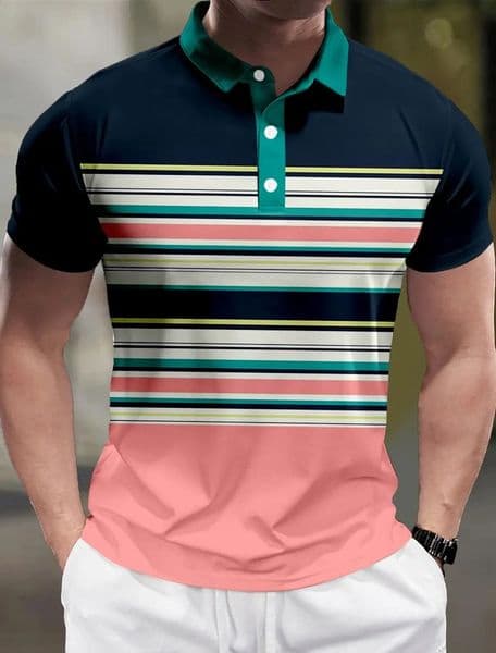 Striped Mens Business Casual 3D Polo Shirt Street Polyester Short Sleeve Turndown Polo Shirts Micro-elastic Lapel Polo Summer 240814