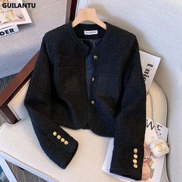 Spring and autumn womens long sleeved single chest slim fit tweed jacket elegant retro short 240813