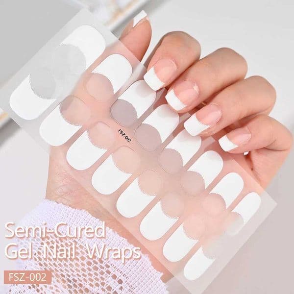 16Tips White French Semi-Cured Gel Nail Patch Sliders Full Cover Gel Nail Stickers For UV Lamp Adhesive Decals Manicure Patch #7XJ240814