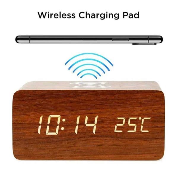 Alarm Clock LED Digital Wooden USB/AAA Powered Table Watch with Temperature Humidity Wireless Charging Electronic Desk ClocksM240814