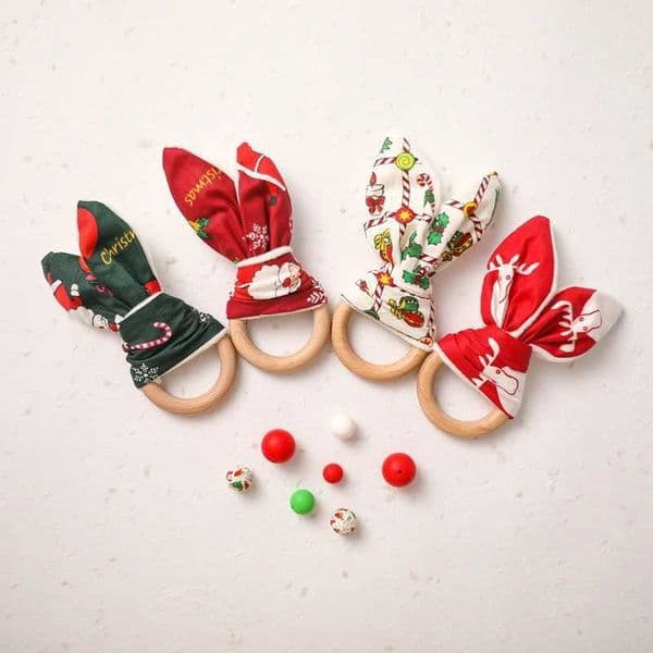 1Pc Baby Christmas Bunny Ear Bracelet Natural Wooden Circle Ring Infant Teether Pure Cotton Rattles Toys Christmas Gifts For KidM240815