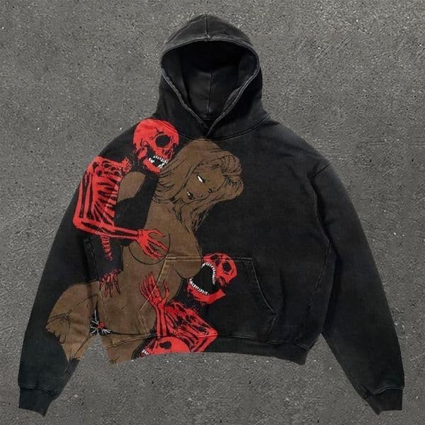 Harajuku skull print hoodie 2000s american streetwear oversized y2k top casual hoodies sweatshirt vintage tracksuit men clothing 240815