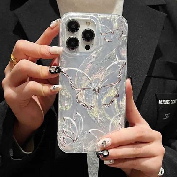 For iPhone 14 13 15 Pro Max Case Luxury Laser Silver Butterfly Phone Case for iPhone 11 12 Pro Max XS XR 7 8 14 15 Plus CaseM240816