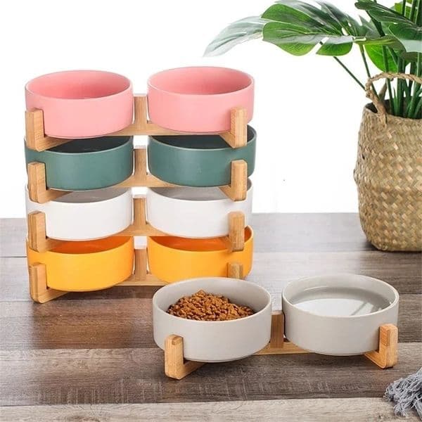 Ceramic pet bowl with wooden frame no spikes ceramic pet bowl double bowl used for dogs cats food water pet bowls 240816