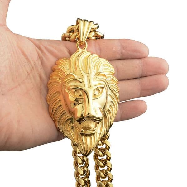 Hip Hop Bling Gold Stainless Steel Lion Pendant Necklace for Mens Rap Singer Jewelry with 14mm Wide Cube Chain 240810
