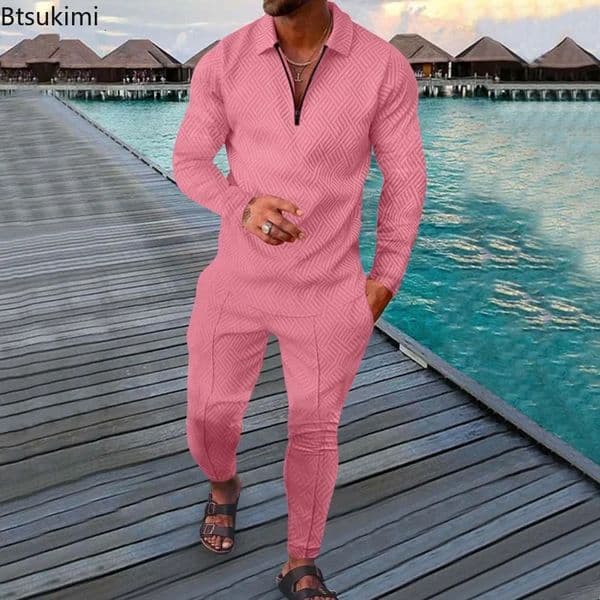 2024Spring Autumn Long Sleeve Polo ShirtSweatpants Suit Men V-neck Sweatshirt Men Streetwear Vintage Clothing Sets Tracksuits 240815