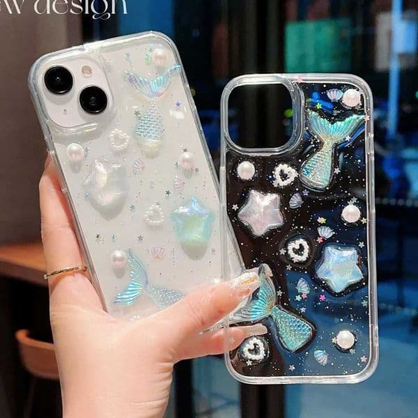 ocean mermaid starfish pearl case for iPhone 11 12 13 14 15 Pro Max XS XR 7 8 Plus clear soft tpu anti-slip glitter back coverM240816