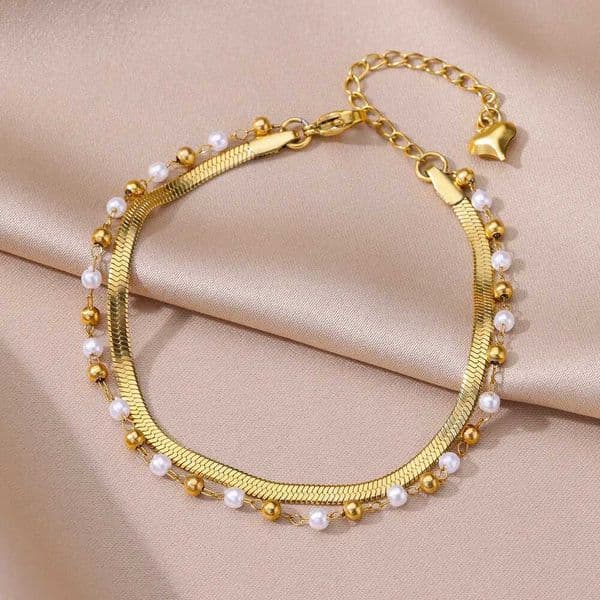 Fashion pearl necklace womens gold-plated stainless steel double-layer snake chain anklet summer jewelry gift W241217