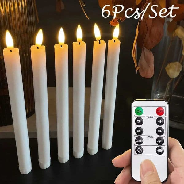 6Pcs/Set Long Candles LED Flickering Taper Candles Battery Powered Flameless Candles Timer Candle with 10-Key Remote for Wedding Y240815