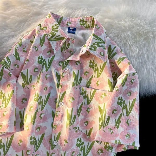 Vintage Fashion Flower Print Button Up Shirt Women Shirts Blouses Summer Casual Short Sleeve Streetwear Woman Shirts Harajuku 240814
