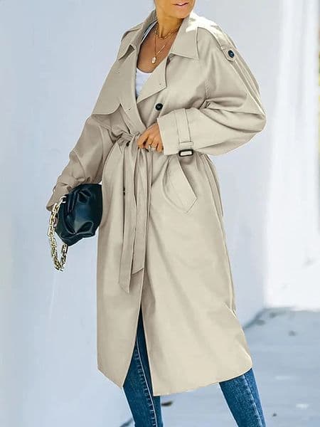 Womens jacket double breasted long trench womens classic lapel sleeved windproof with autumn streetwear strap 240814
