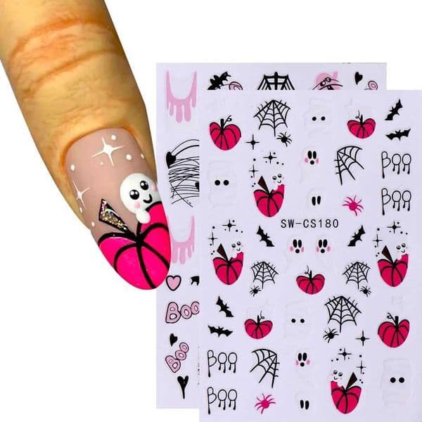 Press Ons Nail 2Pcs 3D Halloween Art nail charm Stickers Skull Pumpkin Star Nail handmade nail Slider Ghost Bat Spider Web Flower Leaves Decals Manicure Decor