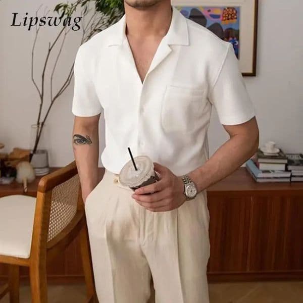 Old Money Aesthetic Shirts Men Summer Short Sleeve Button-up Turn-down Collar Casual Shirt Vintage Solid Color Pocket Mens Shirt 240812