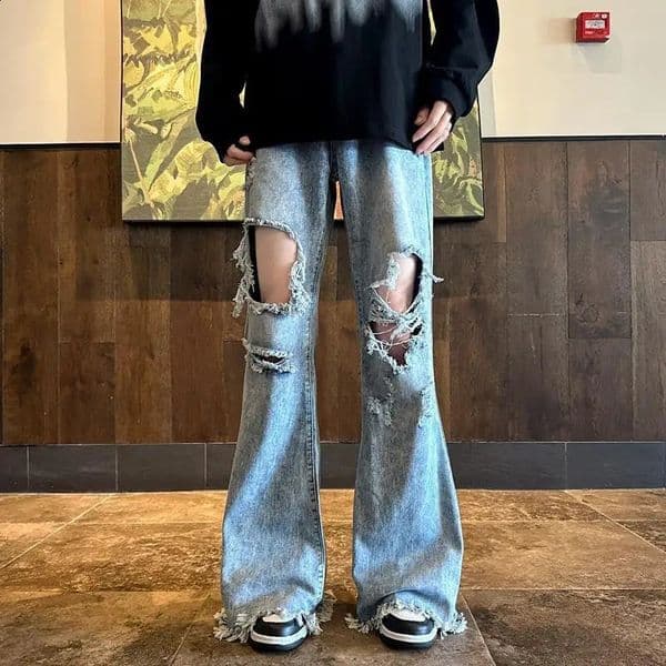 Hip hop trend retro wshed blue jens men nd women split stright leg burr edge slim fit pnts ripped S260521
