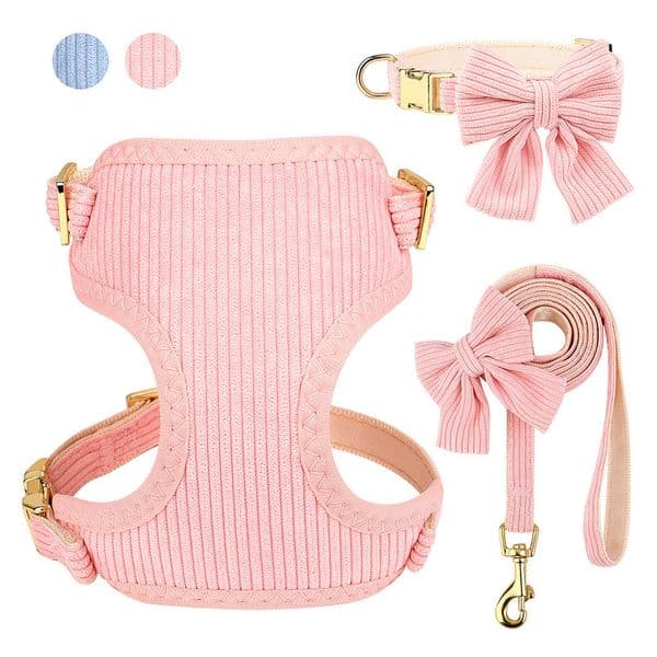 Pink Dog Collar Harness Leash Set Cute Dog Collar Leash WIth Bowtie Soft Harness Vest For Small Medium Dogs Outdoor Walking i240819