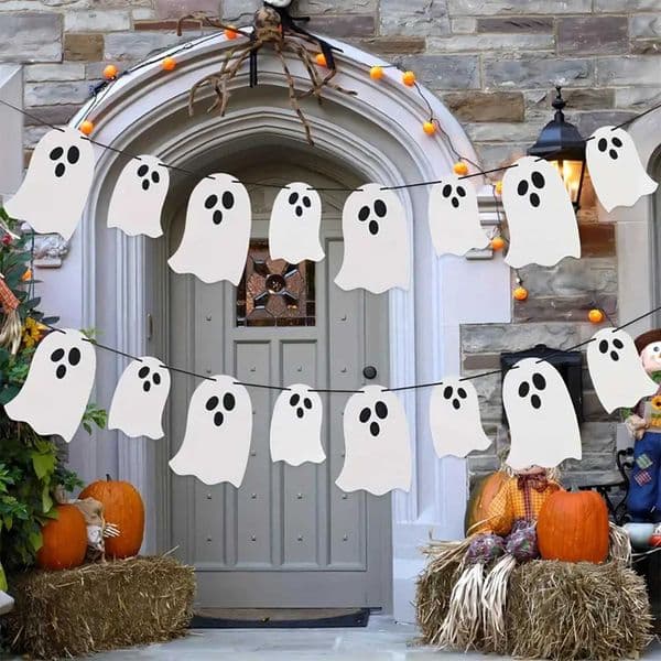 8pcs White Size Ghost Gold Onion Paper Banner Flag Pulling Halloween Ghost Theme Party Indoor and Outdoor DecorationXJ240819