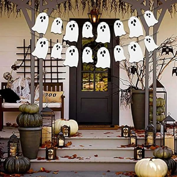 Happy Halloween Ghost Banner White Ghost Pumpkin Bat Pattern Hanging Banner Garland Decorations for Party Indoor Outdoor MantelXJ240819