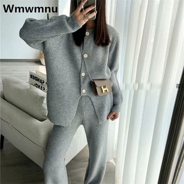 Elegant Knitwears Pants Ensembles Soft Sweater Cardigan Tops Suit Knit Wide Leg Pantalones Conjunto Casual Knitted Two Piece Set 240819