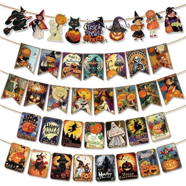 Vintage Halloween Decorations Hanging Banner Retro Pumpkin Cat Witches Trick or Treat Style Garland Flag for Halloween PartyXJ240819