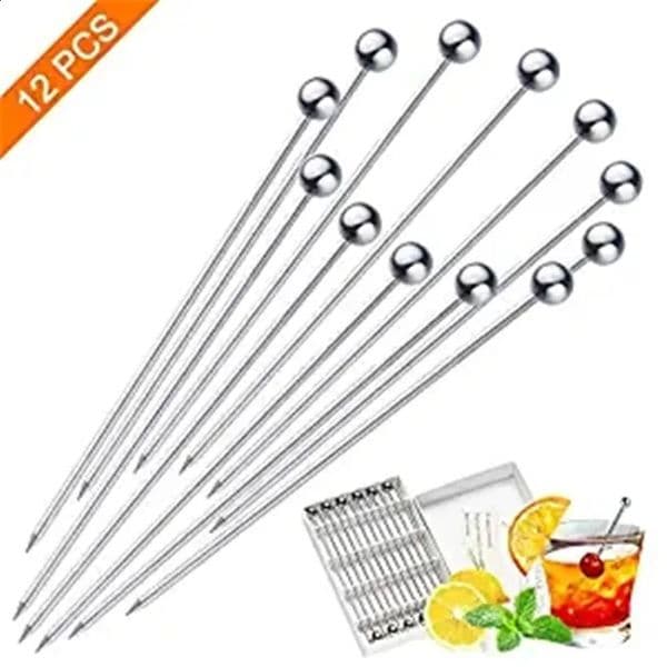 12 stainless steel cocktail extract fruit sticks party toothbrush bar tool drink Martini 240819