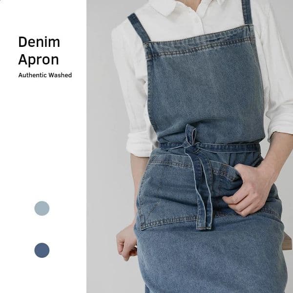 Denim Apron Cotton Korean Canvas Antifouling Home Cleaning Kitchen Cooking Work Clothes Barber Apron Leisure Gardening Baking 240819