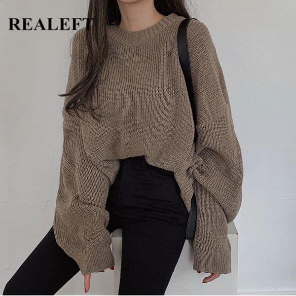 REALEFT Autumn Winter Oversized Womens Sweater Korean Elegant Solid Knitted Sweater Warm Female Pullovers Jumper 240820