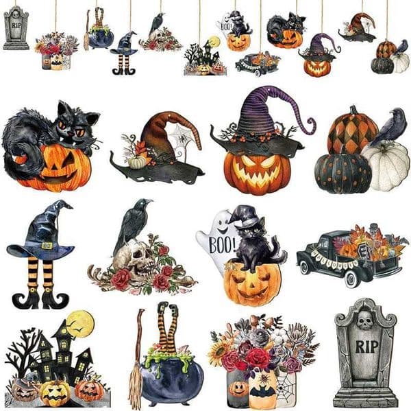 36 wooden Halloween pendants with ropes pumpkin bats ghost hanging decorative labels used for DIY crafts of Halloween party tree decoration W240820