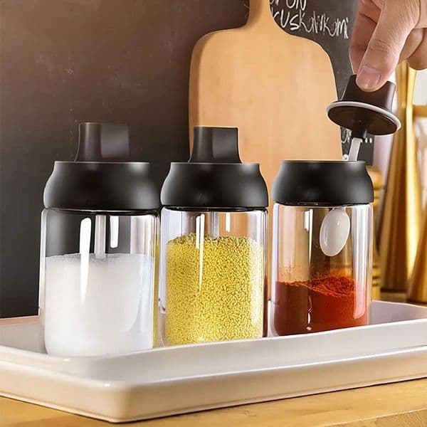 Transparent Kitchen Supplies Glass Spice Jar for Salt Sugar Pepper Powder with Spoon Plastic Seasoning Bottle Salt Storage Box 240820
