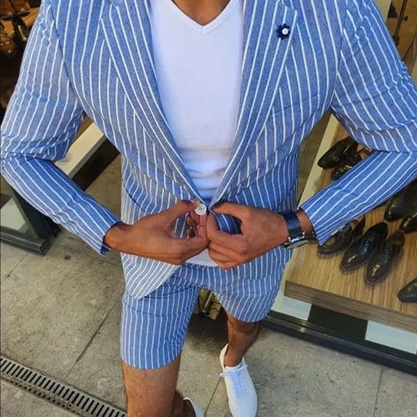 Mens Blazer Suit Set Casual Vertical Stripe Notch Lapel Two Button Blazer Shorts 2Pcs Set Mens Clothing 240820