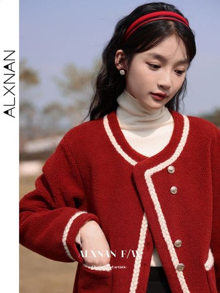 ALXNAN Tweed Wool Coat for Women Lamb Autumn Winter Chic Sweet Gentle Crew-neck Quality Outerwear LXN28079 240821