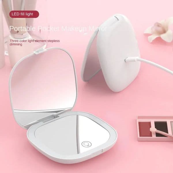 Compact Small Mini Gift Vanity Table Folding Led Lights Portable Hand Held Pocket Makeup Mirror 2X magnifying 240822