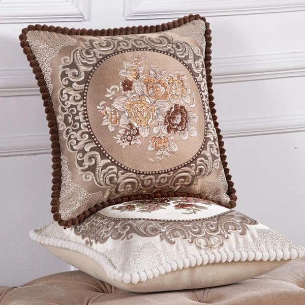 2 pieces of satin embroidered square pillowcases sofa chairs European style cushions pillowcases plush ball edge waist pads and covers 240821