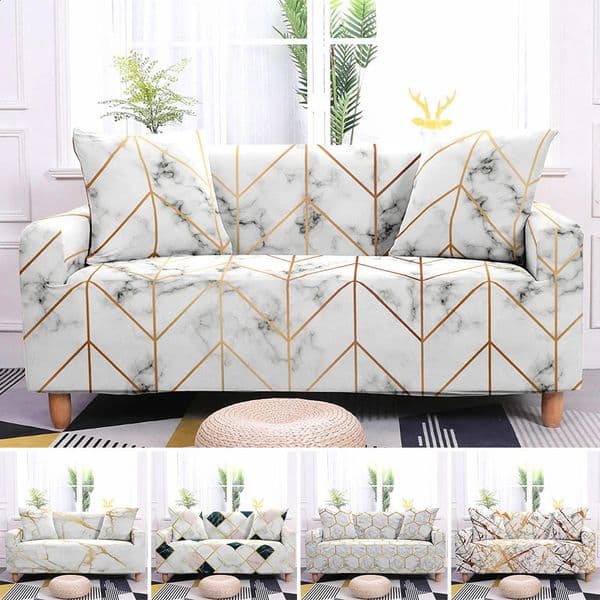 Geometric sliding cover marble pattern segmented elastic stretch sofa cover for living room sofa cover L-shaped armchair cover 240821
