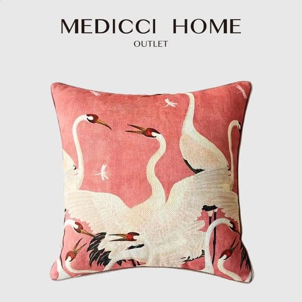 Medicci Home GG Style Inspired Dancing Crane Decorative Cushion Cover High Grade French Retro Pillow Case 45x45cm For Sofa Couch 240821