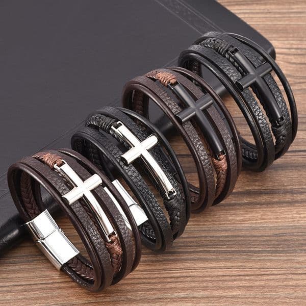 New Cross Leather Bracelet Men's Multi layer Leather Rope Weaving Bracelet Men's Alloy Bracelet